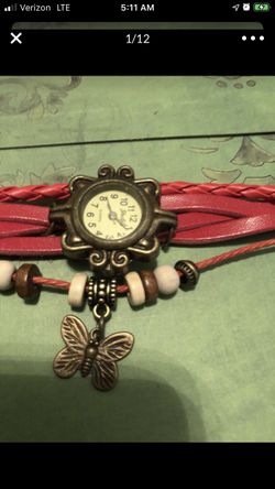 WATCH BUTTERFLY WITH CHARM AND BEADS LEATHER BAND NEW