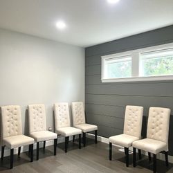 6 Tufted dinning chairs - have water stains from upholstery cleaner - can be cleaned or use w/covers