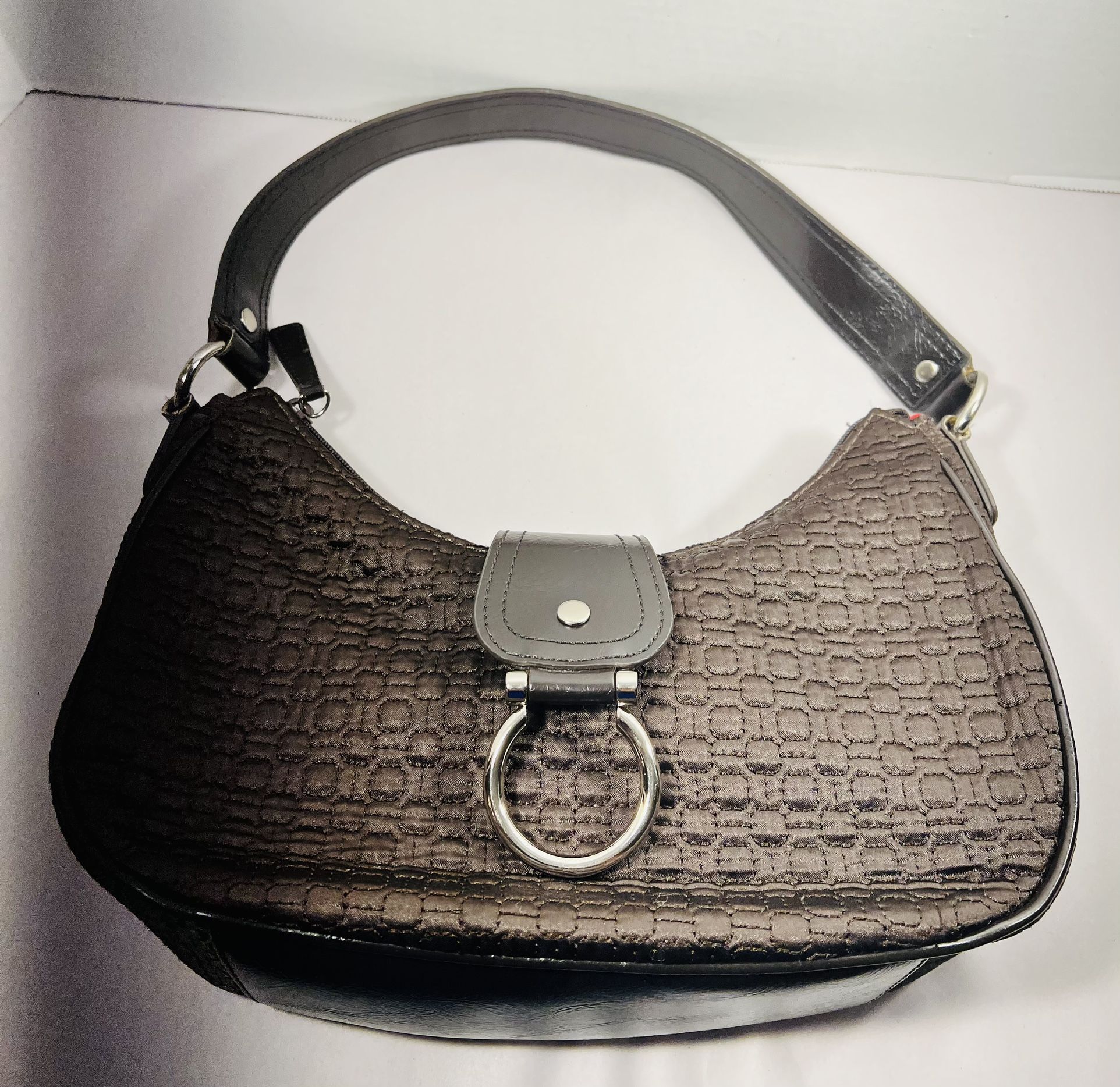 Chocolate cotton and parent leather Nine West handbag with red interior