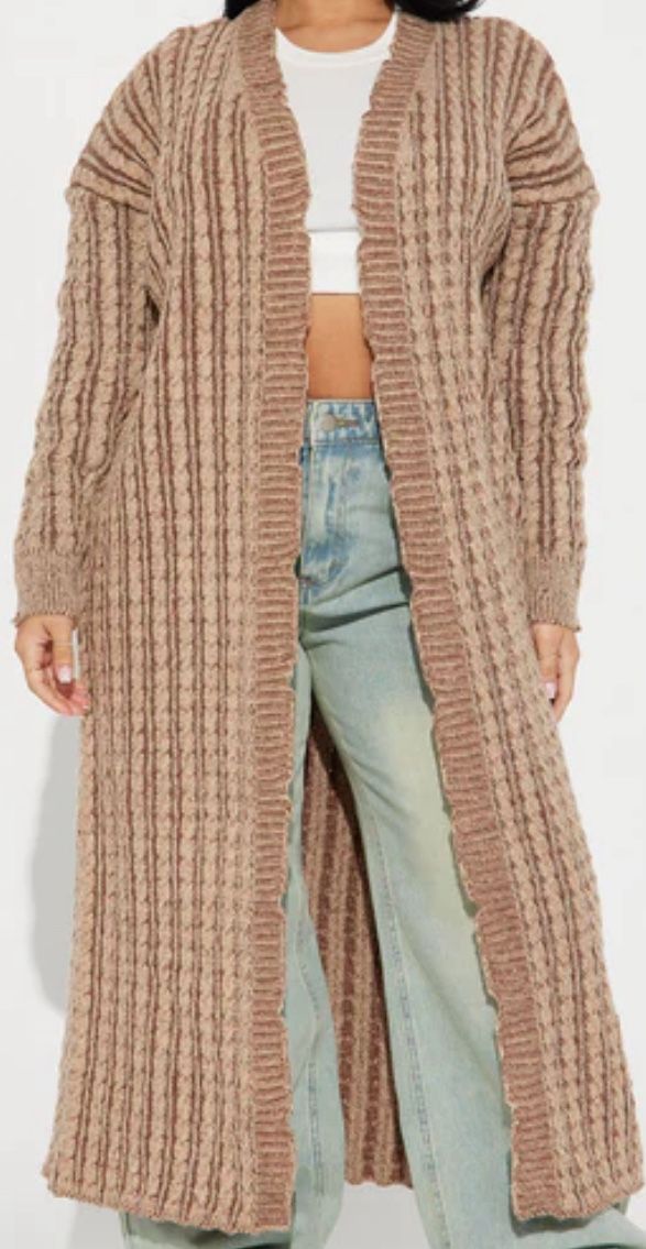 Chunky Knit Longline Cardigan | Taupe & Mocha Striped | Cozy & Stylish  