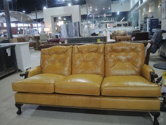 Old Hickory Tannery Tufted Leather Sofa - Goldenrod Yellow, Ball & Claw Feet, Floor Sample