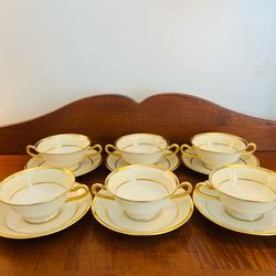 Set of 6 Antique Lenox Marshall & Field Green Stamp Handled Soup Bowls w/ Underplates