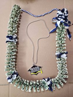 Graduation white and navy blue ribbon money lei