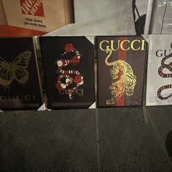 (4) Gucci x Fairchild Canvas Wall Art - 24x36 black & white Snakes + 2 framed tiger & gold butterfly BEAUTIFUL LOOK!
