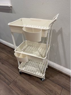 3-Tier Rolling Utility Cart with Hanging Cups – White