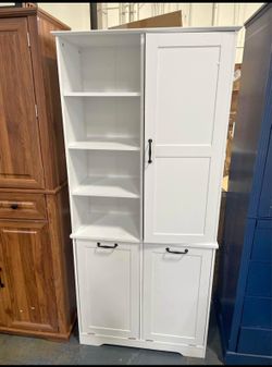 Assembled New 68" Tall Bathroom Storage Cabinet with One Door and Two Laundry Hampers