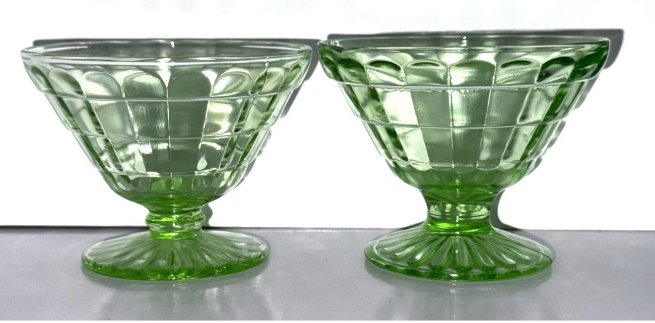 vintage uranium green depression glass sherbet bowl set of 2 features a block optic pattern and a glossy finish