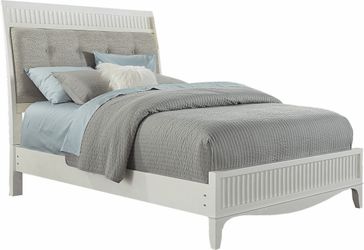 King Size White Wood Bed Frame with Gray Upholstered Headboar