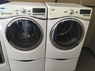 Whirlpool Duet front washer dryer set on Pedestal Storage