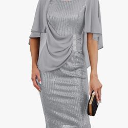 Hanna Nikole 2024 Womens Sequin Party Dress Plus Size Chiffon Cape Sleeve Cocktail Midi Dress
