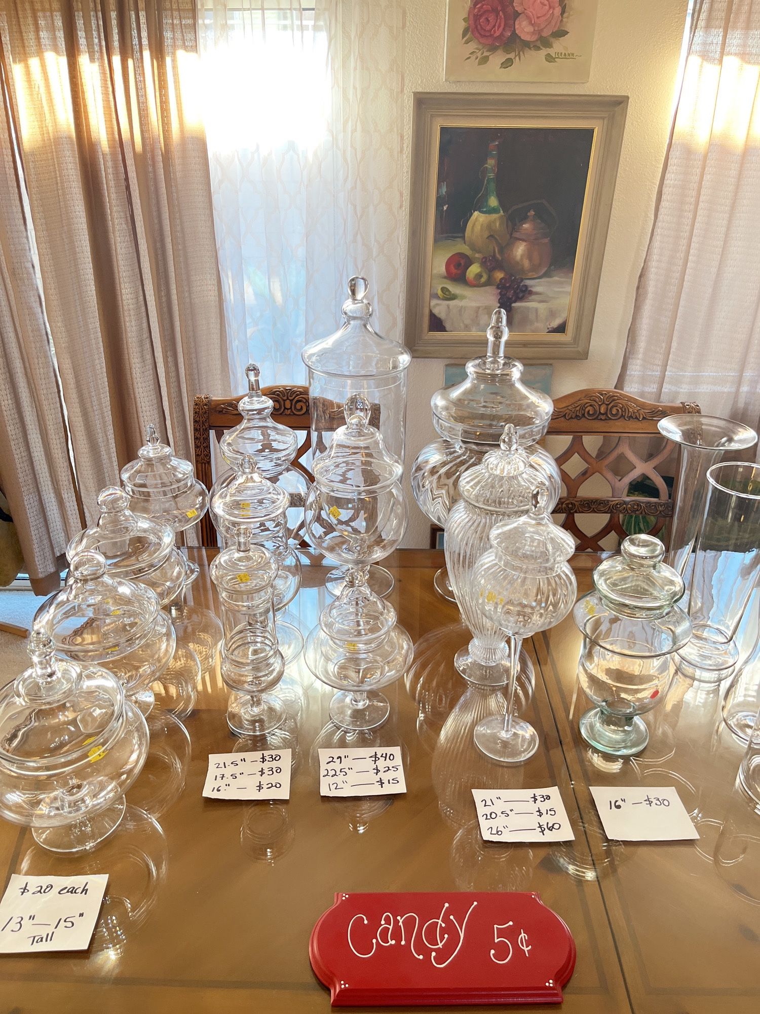 Clear Glass Apothecary Jars w/lid, different shapes, sizes, prices (in the pictures)