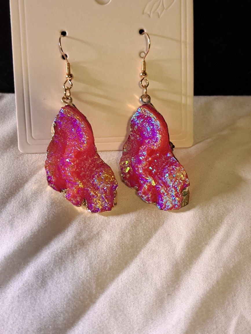 2 " Iridescent Solar Agate Pink Dangle Earrings