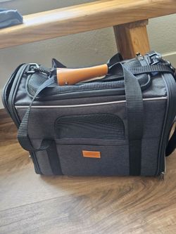 Premium Soft-Sided Pet Carrier Bag - Grey Canvas with Leather Handle
