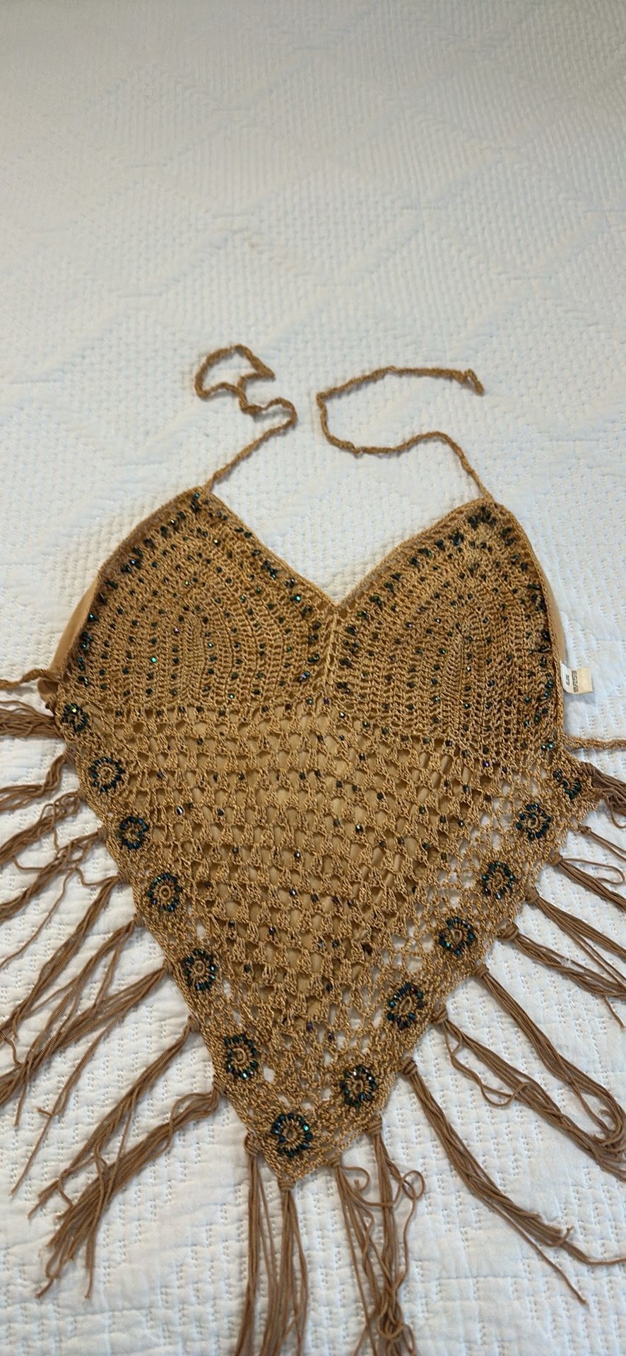 Studded Halter Top With Fringe / Brown Size XL
