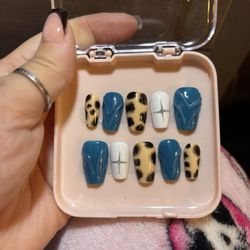 Blue Beige Black Leopard Coffin Press-On Nails Set Full Cover Mixed Design