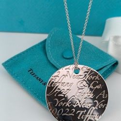 Tiffany & Co Sterling Silver 727 Fifth Avenue New York "Notes" Round Tag Pendant with Necklace 24.48 g 