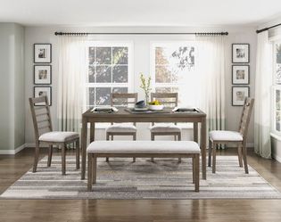 Dining set 6 pc Light Brown finish, Grey fabric, New Especial price 