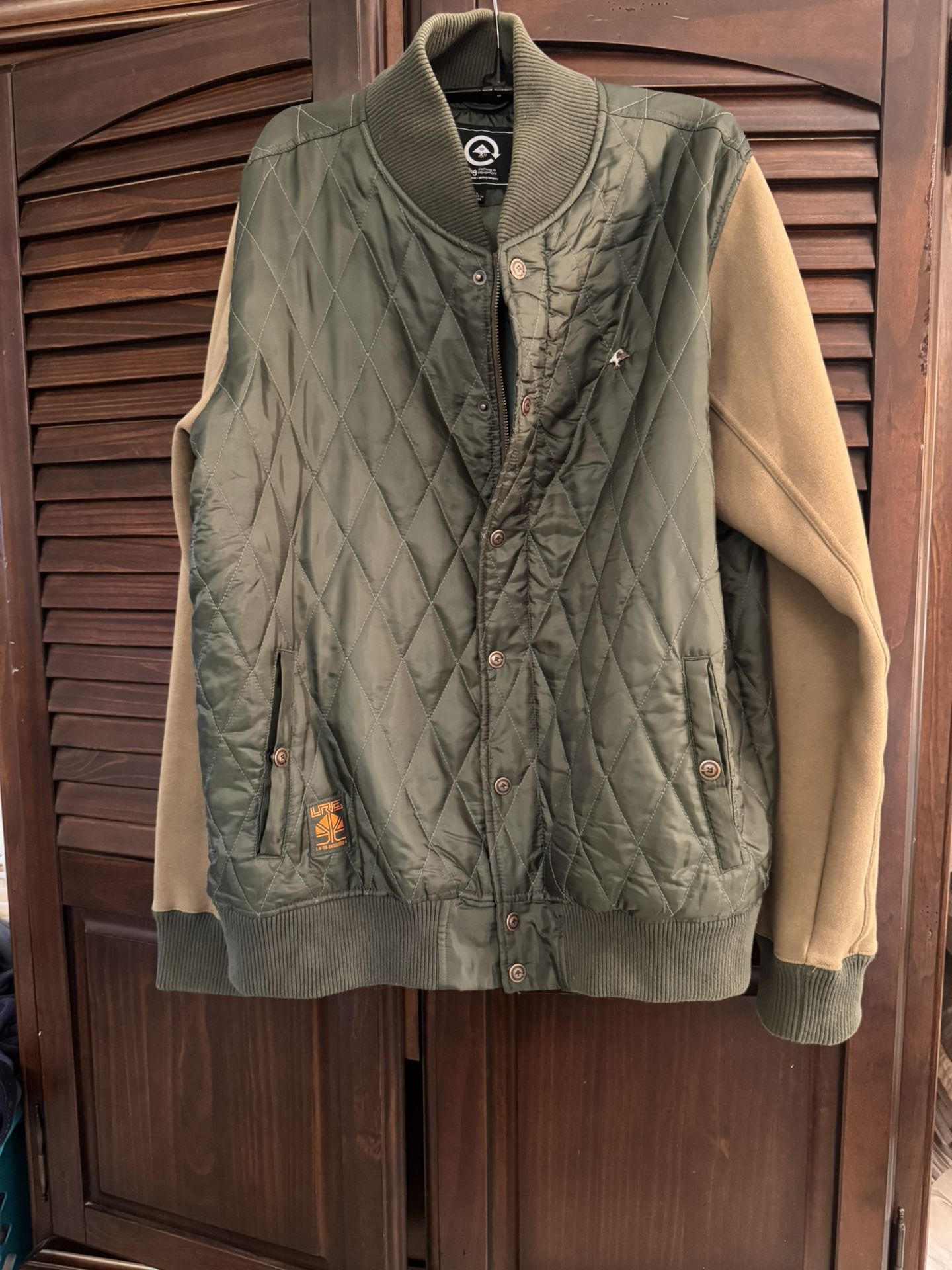 Size Lrg- LRG Vintage Bomber Jacket Forest Green Zip & Button Up Hidden Pocket