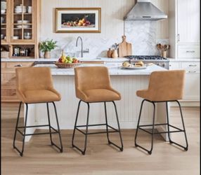 Swivel Bar Stools Set of 3, 26 Inch Upholstered Barstools with Backs, Modern Faux Leather Counter He