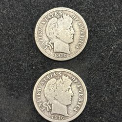 Pair 1916 & 1916-S Barber Silver Dimes--VINTAGE COINS IN DECENT GRADES!