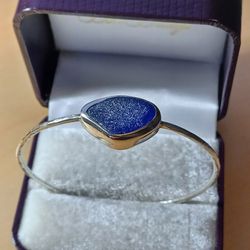 Sterling Silver Cobalt Blue Seaglass Bangle Bracelet 