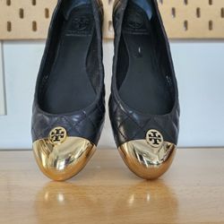 Tory Burch Quilted Cap Toe Ballet Flats Black Leather Gold Size 8