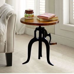 Carolina Table Adjustable Hand Crank 18" Wooden Top Rustic Side Table - Cast Iron Base Round Accent Table for Farmhouse, Living Room, or Bedroom (Ches