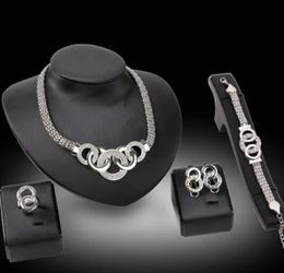 Trendy Silver or Gold Rhinestone necklace, bracket, earring, and adjustable ring set