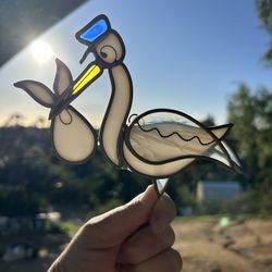 Vintage Stained Glass Stork With Baby Suncatcher.  