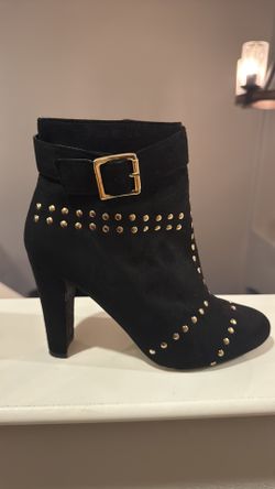 Bebe Suede High Heel Ankle Boots with gold embellished studs