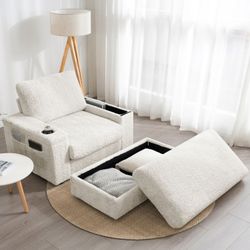 42 Oversized Single Sofa, Faux Rabbit Fur Armchair with Cup Holders, Upholstered Chaise Lounge with Storage Ottoman and Armrests, Sleeper Reading Couc