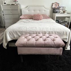 Full Size  Head Board With Side And Foot Rails ( White ) , Foot Rest Ottoman With Storage , Dresser  With 5 Large Drawers And White Desk 