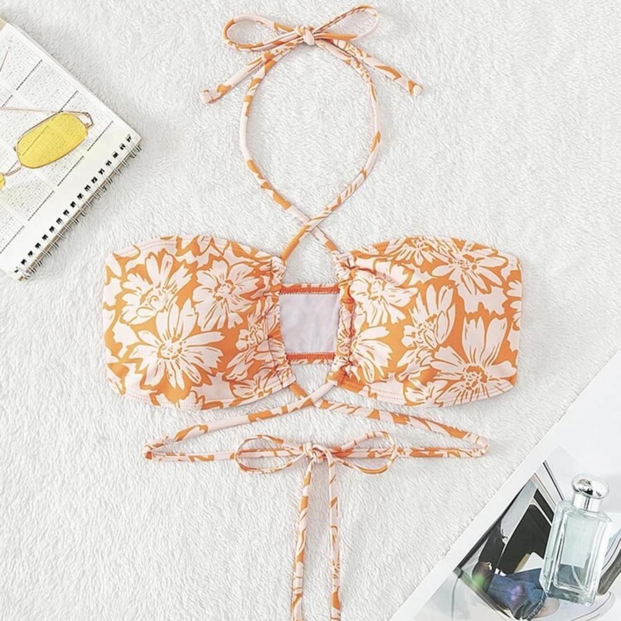 🆕Women’s Orange & White Floral Print Criss Cross Tie Backless Halter Bikini Top Size Medium NWOT