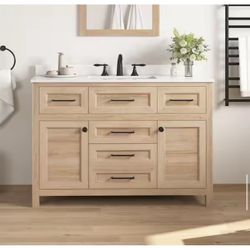 🆕 Hanna 48 in. Single Sink Freestanding Weathered Tan Bath Vanity with White Engineered Stone Top (
