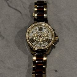 Michael Kors MK6294 Wren Gold Chronograph Watch Pavé Crystal Bezel Tortoise Band