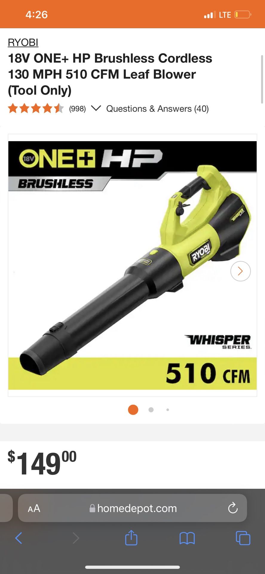 Ryobi 18V ONE+ HP Brushless Cordless 130 MPH 510 CFM Leaf Blower Tool Only Whisper Series PBLLB01 NO BATTERY