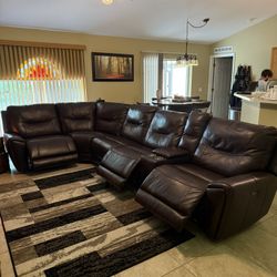 Dark Brown Real Leather Reclining Sectional Sofa 