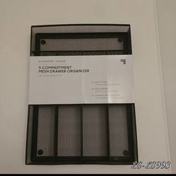 Black 5 compartment mesh drawer organizer.    (H).