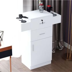 Locking Salon Storage Cabinet for Hair Stylist, Barber Salon Station Styling Station Equipment with 6 Hair Dryer Holder, 2 Drawers for Beauty Spa Barb