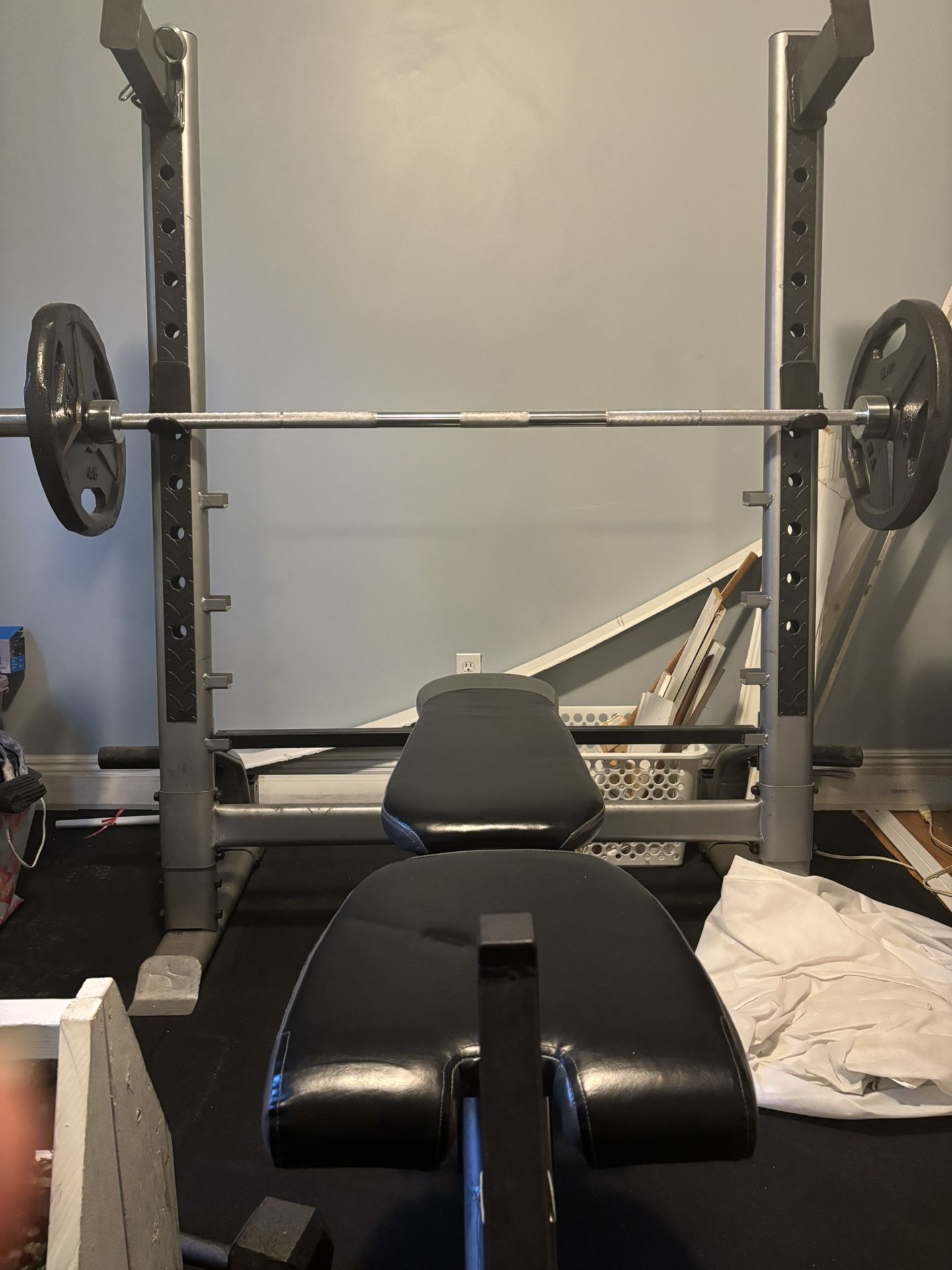 Adjustable Weight Bench, Squat Rack, And Weights