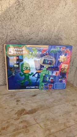 PJ MASKS 5 WOOD PUZZLES & TRAY FIT NEATLY INTO STORAGE BOX! $5