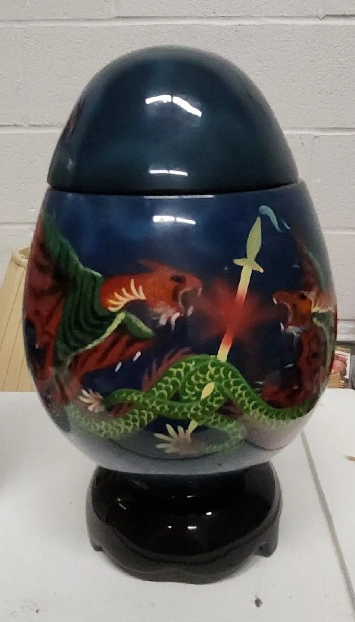 Egg-Shaped Large Red Lacquerware Box on Stand. Gilded and painted w/Angelfish.
