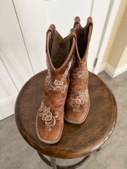 Kids Brown Leather Cowboy Boots with Floral Embroidery