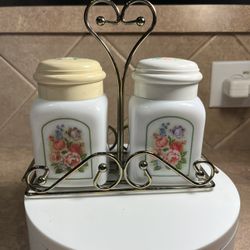 Vintage 1970s Avon Country Garden Exclusive Milk Glass Jars w/Metal Ornate Holder