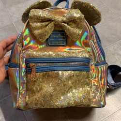 Disney Loungefly 50th Anniversary Minnie Mouse Gold Navy Iridescent Backpack