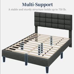 Upholstered Bed Frame, Modern Full Bed Platform with Square Stitched&Button Tufting Headboard Height Adjustable, Wooden Slats Support, No Box Spring N