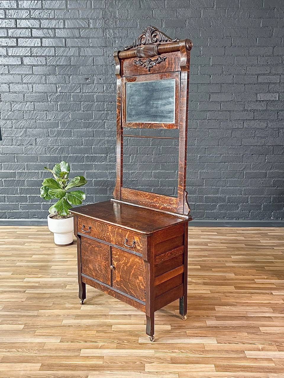 Antique Victorian Eastlake Tiger Oak Hall Stand with Mirror, c.1920’s
- Delivery Available