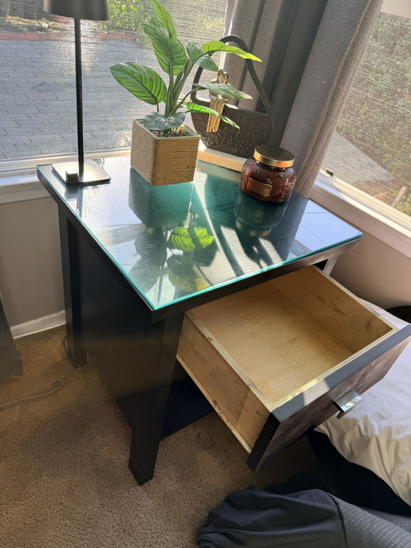 2 Black Nightstands With Glass Tops And Bottom Shelf Shelves