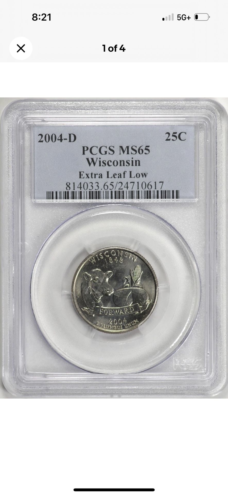 2004-D Wisconsin State Quarter 25c PCGS MS65, EXTRA LEAF LOW Variety