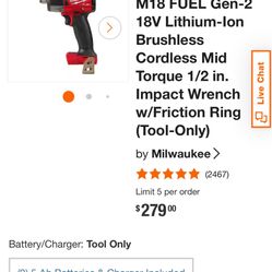 M18 1/2” Impact Wrench Mid Torque Fuel Milwaukee 